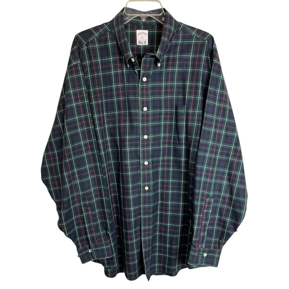 Brooks Brothers 346 Original Polo Shirt Button Non-Iron  Size XL  Navy Plaid - Picture 1 of 6